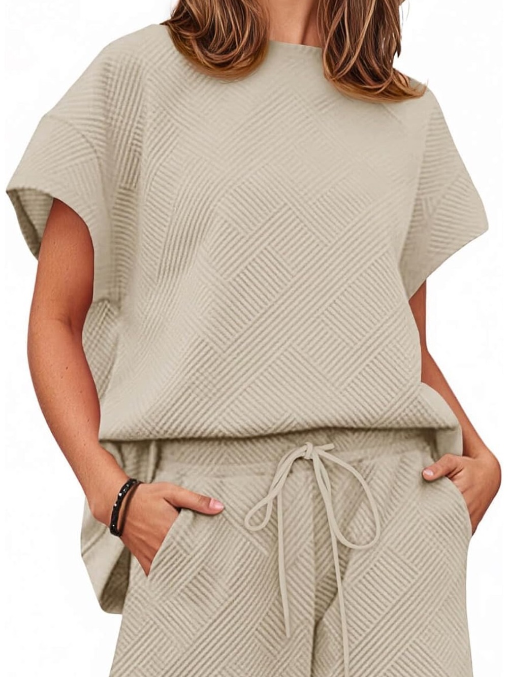 Amazon Beige Textured Two-Piece Loungewear Set
